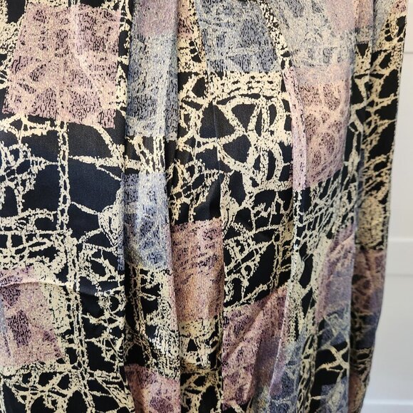 vintage silky blouse black gold silky blouse turtle neck pleated abstract size 8 - Picture 2 of 10